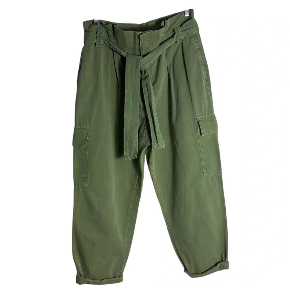 ZARA Paperbag High Waist Belted Cargo Pants in Army Green Size Large — WOW!!!